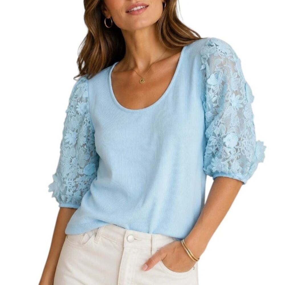 Anthropologie Dolan Blue Ribbed Knit Cotton Floral Puffed Sleeve Tee